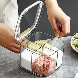 ZASA 4 Compartment Convenient Seasoning Storage Box, Condiment Pot, Condiment Storage, Condiment Container, Condiment Container, Airtight, Condiment Stocker, Kitchen Stocker, Condiment Container,