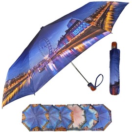 QILZO Women Umbrella Foldable Auto Open 30cm Compact Fiber Umbrella Travel Umbrella Waterproof Quick Dry UV Resistant, London Eye, 109 cm