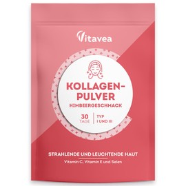 Hoch Effizientes Kollagenpulver mit Himbeergeschmack - Kollagen Peptide Typ 1 und 3 - Vitamin C, Vitamin E, Selen – Für strahlende junge Haut - 3400 mg hydrolysiertes Kollagen pro Dosis – Vitavea
