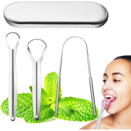 Set de 3 Cepillo de Lengua de Acero Inoxidable con Estuche de Transporte, Raspador de Lengua Acero Inoxidable, Kit de Limpieza Bucal para Limpiador de Raspado de Lengua Oral (plata-3) Plata, estuche de transporte, diseño ergonómico, limpieza bucal