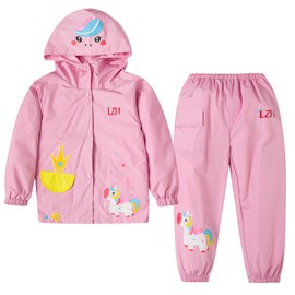 LZH Jungen Regenmantel Kinder Wasserdichte Mit Kapuze Mädchen, Jacke Hosen Anzug Lightweight 2 Stück Sets, Unisex Größe 130/4-5 Jahre, Rosa