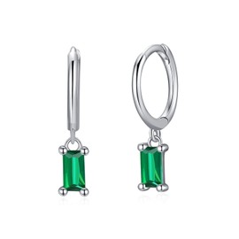 Huggie Hoop Earrings with Dangle for Women in 925 Sterling Silver, Dainty Baguette Green CZ Earring for Everyday