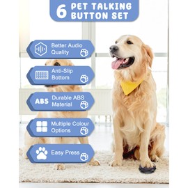 6 Piece Dog Talk Buttons, Dog Buttons for Communication with Non-Slip Mat, 30s Recordable Voice Commands To Train Pet, Dog Talking Buttons Starter Set with 48 Scene Stickers Suitable for Easy Training