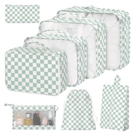 8 Set Packing Cubes for Suitcases,Suitcase Organizer with Shoe,Cosmetics,Clothing, and Accessories Bags for Travel Luggage Organizer Women Men(Green Checkered)