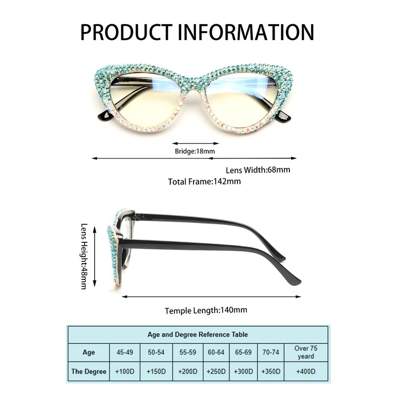 ICARA Oprah style Bling Rhinestone Cat Eye Reading Glasses for