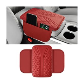 Norkmdi Car Center Console Cover, Leather Vehicle Armrest Box Pad with 2 Storage Bags, Automotive Interior Arm Rest Cushion Protector Accessories, Universal for SUV Sedan Truck (Wine Red)