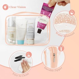 Clear Toiletry Bag with Zipper, 3 Packs Water Resistant Travel Organizer, Airport Airline Travel Essential Carry On Makeup Cosmetic Bags for Women, Orange-Pink