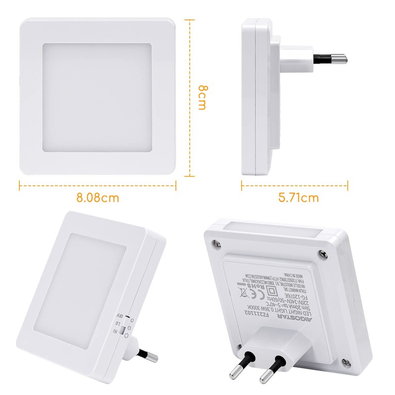 Aigostar Pack of 2 Night Light Socket with Twilight Sensor,