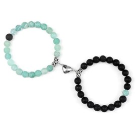 Set Of 2 Couples Bracelet Magnetic Healing Natural Bead Stone Stretch Bracelet Unisex Anniversary, Friendship, Valentine, Christmas Gift (Lava+Green Weathered, Without Giftbox)