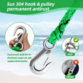 Tow Rope for Tubing Tow Harness with Pulley Water Sport Lines Water Sports Tow Rope Heavy Duty Boat Tow Harness with 2 Stainless Steel Hook Green 8 FT