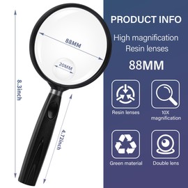 Feosky Handheld Reading Magnifier, 10X 30X Magnifier, 90mm Shatterproof Lens, Non-Slip Handle for Adults Close Work, Seniors Reading and Kids Nature Exploration, Hobby Observation(Black)