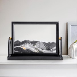 BOLGRLONG Moving Sand Art Liquid Motion 3D Dynamic Mountains Sandscape Sand Painting, Square Glass Sand Painting with Easy-Flip Stand, Sensory Relaxing Decor for Home and Office (9" - Black Sand)