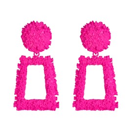 Flyonce Metal Statement Hot Pink Rectangle Geometric Earrings, Large Square Drop Dangle Earrings for Women