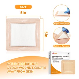 Carbou Silicone Super Absorbent Wound Dressing 5"x 5", 10 Individual Pack, Self-Adhesive Waterproof Bandage, Soft Highly Absorbent Dressing for Wound Care, Burns, Bedsores, Traumas & Surgical Wounds