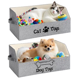 Reallnaive 2 Pack Large Collapsible Pet Toy Box Trapezoid Pet Toy Storage Basket with Handle Grey Thicker Storage Bin Bed for Organizing Treats Clothes and Accessories(Cat and Dog)