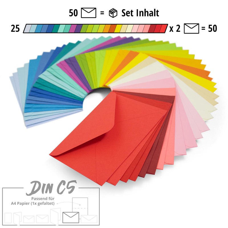 Japun 50 Coloured Envelopes (2 x 25 Colours) DIN C5