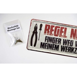 Tin Sign "Regel No.1 Finger weg von meinem Werkzeug - Decoration Hobby Keller - Metal Sign for Workshop - Door Sign for Craft Room - Decoration for Craftsmen, Screwdrivers, Mechanics - 28 x 12 cm