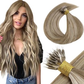 LaaVoo Nano Ring Human Hair Extensions Cold Fushion Color Light Brown with Golden Blonde Perbonded Nano Loop Hair Extensions Blonde Micro Nano Link Human Hair Extensions 14" 1g/strand 50g