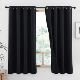 NICETOWN 100% Blackout Curtains with Same Color Liners, Thermal Insulated Full Blackout 2-Layer Lined Drapes, Energy Efficiency Window Draperies for Bedroom (Black, 2 Panels, 52-inch W by 63-inch L)