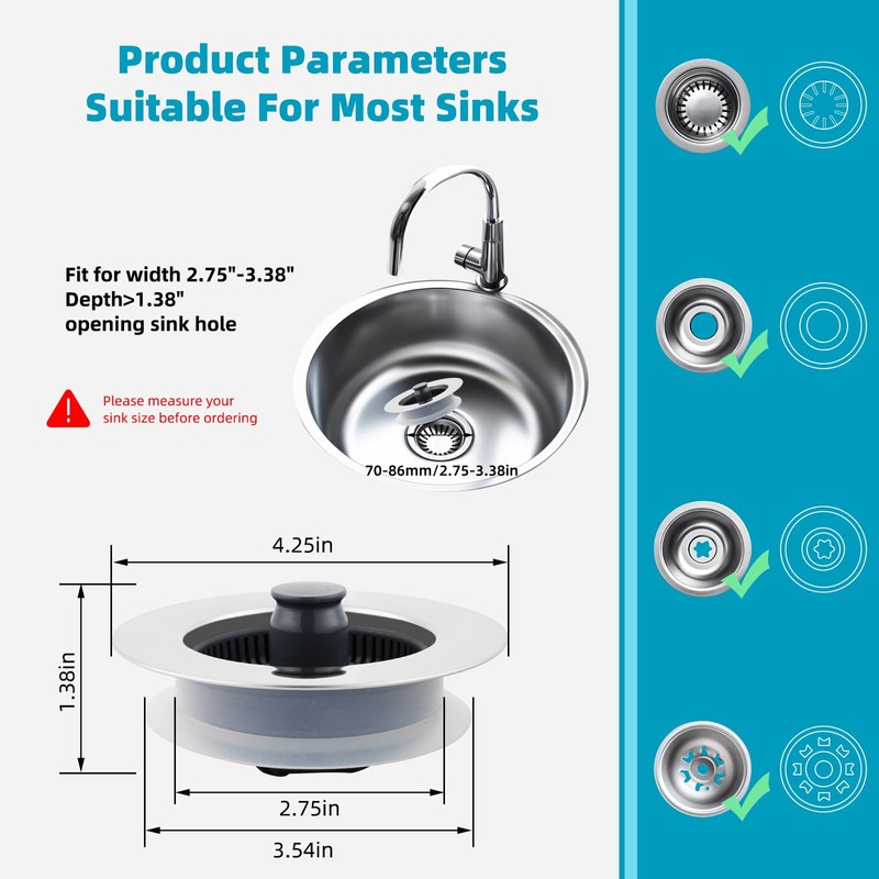 Hibbent 3 in 1 Kitchen Sink Drain Strainer, Stainless Steel