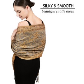 Achillea Soft Silky Reversible Paisley Pashmina Shawl Wrap Scarf w/Fringes (Grey Bronze)