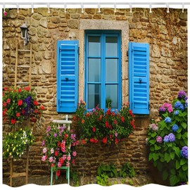 Qucarder Garden Shower Curtain Stone Wall and Blue Window and Flowers Bath Curtain 3D Outdoor Waterproof Shower Curtains for Bathroom Decor with 12 Hooks 72x72 Inch