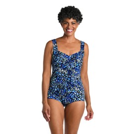 Maxine Of Hollywood Women's Standard Shirred Front Girl Leg One Piece Swimsuit, Black//Electric Safari