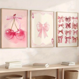 champracer Set of 3 Pink Poster Set Pictures Bedroom Poster Aesthetic Room Decoration Girls Aesthetic Pink Bow Tie Cherry Wall Pictures Without Frame (21 x 30 cm)