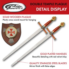 SZCO 29.5" Double Templar Knight Sword Set with Wall Plaque – Decorative Mirror Finished Crusader Medieval Sword Pair with Gold Zinc Alloy Handle for Home or Office Display