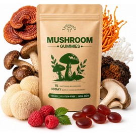 15-in-1 Mushroom Gummies with Lion’s Mane & Reishi, Vegan Mushroom Supplement for Women and Men, Raspberry Flavour, 60 Gummies