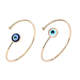 COLORFUL BLING 2PCS Lucky Turkish Blue Evil Eye Open Bangle Adjustable Nazar Simple Blue Eyes Hand Bracelets Protection Jewelry for Women Best Friends-Gold