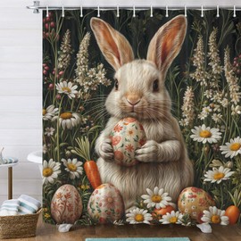Xiaoput Easter Bunnies Shower Curtain, Retro Florals Rabbit Easter Colorful Eggs Shower Curtain for Bathroom Decor, Vintage Polyester Shower Curtain for Kids Adults with Hooks 70x70Inch