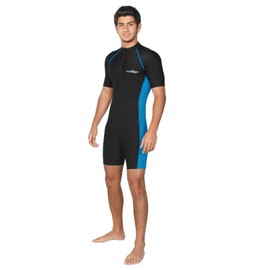 Men Sun Protective Sunsuit Full Body Swimsuit Short Sleeves UPF50+ Black Blue XL