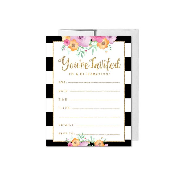Andaz Press Floral Gold Glitter Print Wedding Collection, Blank Party Invitations with Envelopes, 20-Pack