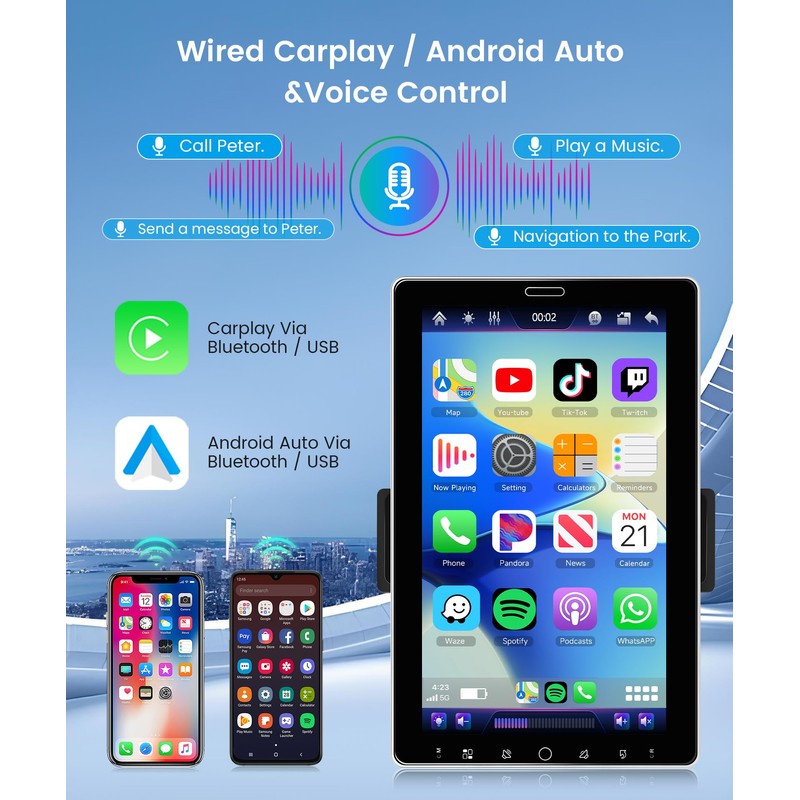 10.1 inch Single Din Car Stereo Wireless CarPlay Android Auto,