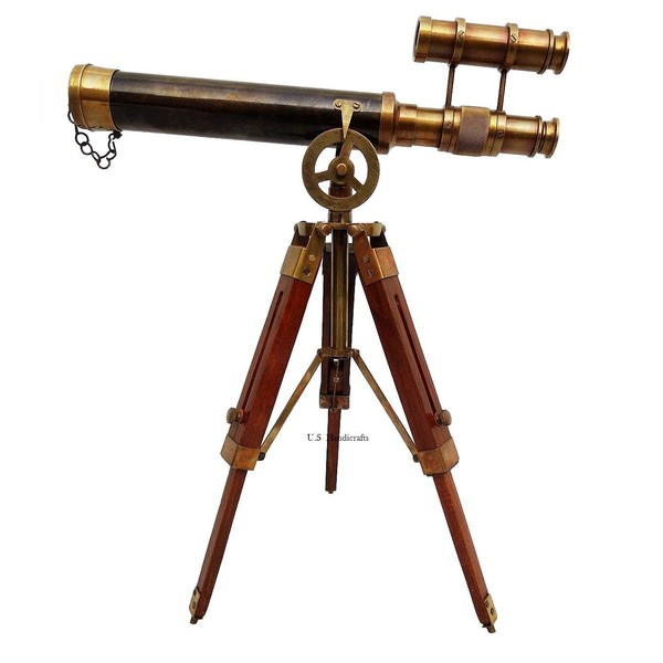 Double Barel Victorian London (1915) 14" Brass Telescope on Tripode Stand Antique Home Decor Table Top.