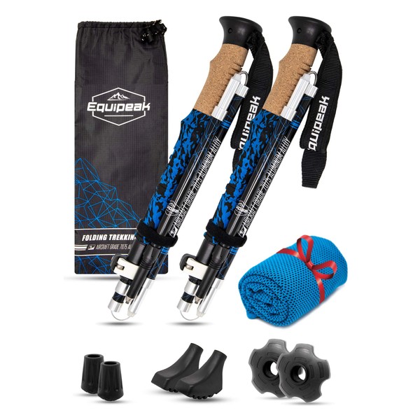Collapsible Folding Hiking & Trekking Sticks - 2 Aluminum Walking Poles with Real Cork & EVA Handle Grip Set - Ultra Strong Locking - for Men & Women (Blue, L (5'9" - 6'5"))