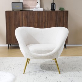 Christopher Knight Home Perla Teddy Fabric Accent Chair, Low-Back Living Room Chair, Cozy Lounge Chair with Gold Metal Legs, Vanity Chair for Makeup Room, Upholstered Single Sofa Chair, Cream White