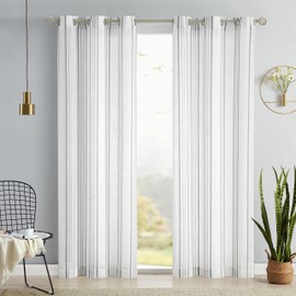 SXZJTEX Farmhouse Grey Striped Cafe Curtains 63 inch Length 2 Panels for Living Room Bedroom Rustic Sheer Grommet Striped Linen Window Treatment Curtains, Grommet Top, 42" x 63"