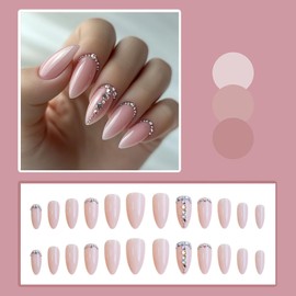 Medium Press on Nails Almond False Nails Pink Fake Nails with Rhinestones Designs Stick on Nails Full Cover Glue on Nails Glossy Artificial Nails for Women 24Pcs