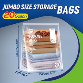 20 Gallon Jumbo Zipper Lock Storage Bags With Zip Top,24" x 28.5"+7",Reusable XXL Size Plastic Bag with Bottom for Food,Clothing,Travel,Moving,BPA-Free,3-Mil Thick