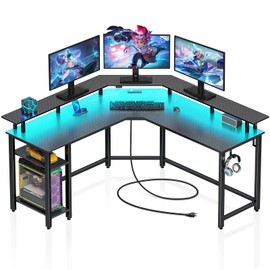 Rolanstar L Shaped Gaming Desk with LED Lights & Power Outlets, 53" Computer Desk with Full Monitor Stand & Storage Shelf, Corner Desk with Hooks, Carbon Fiber Desk Reversible