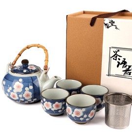 PUNNIO Japanese Tea Set, Japanese Style Porcelain Tea Sets for Adult, 1 Ceramic Tea Pot with Handle & 1 Stainless Steel Tea Filter & 4 Tea Cups (Sakura)