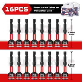 Geinxurn Impact Nut Driver Set, 16 Pieces 2.56”Long 3/8”6 Point Alloy Steel Magnetic SAE Nut Setter Set Use For Require Installing 1/4 Hex Shank Impact Driver with Portable Storage Cases