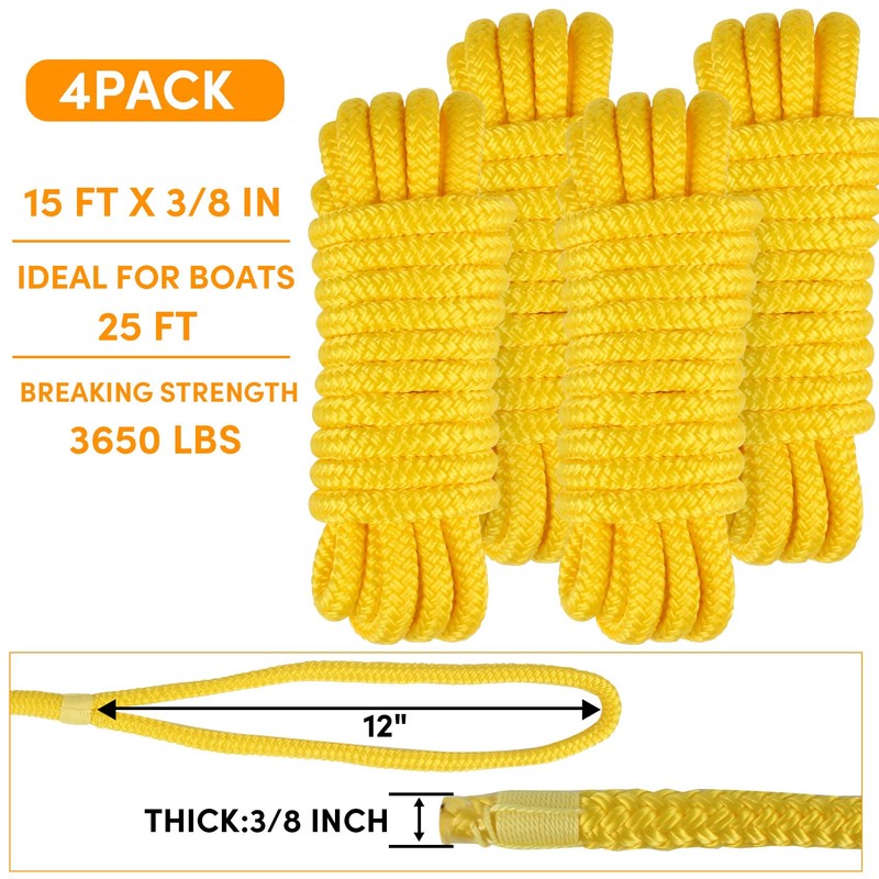 Dock Lines Boat Ropes for Docking 3/8" x15' Double Braided