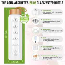 Aqulea Glass Water Bottles 25 Oz with Silicone Sleeve - BPA Free Reusable Wide Mouth Glass Motivational Water Bottles with Fruit Infuser – Leak Proof Borosilicate Water Bottle with Time Marker (White)