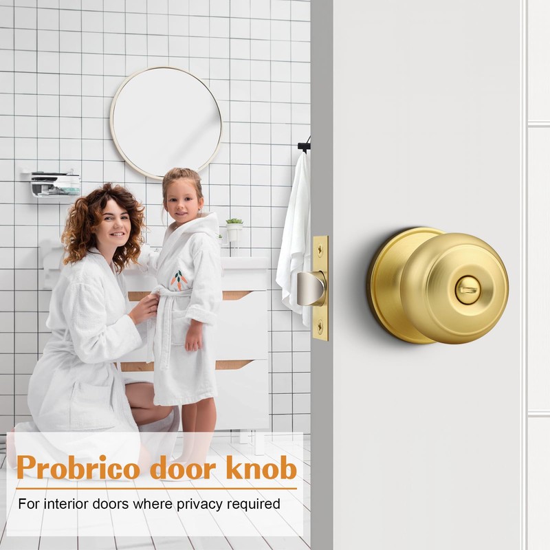 Probrico Brushed Brass Bed/Bath Knobs Keyless Privacy Interior Doors Locksets,