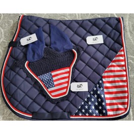Navy Blue Horse/Full USA American Flag All Purpose English Saddle Pad with Matching Fly Bonnet Ear Net Fly Veil, Full/Horse