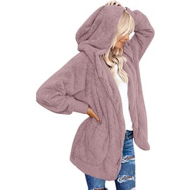CHICGAL Women Fuzzy Oversized Coat Open Front Sweaters Jacket Hooded Cardigan Soft Outwear with Pockets (Gray Purple, L)