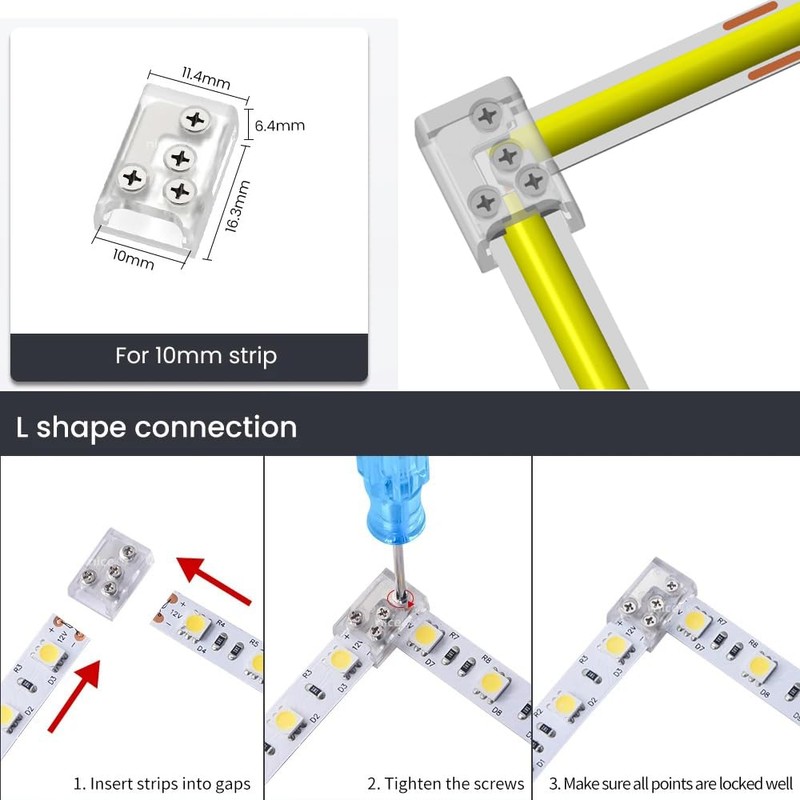 YUTOKEER 10mm Solder-Free LED Strip Connector - Supports L-Shape &